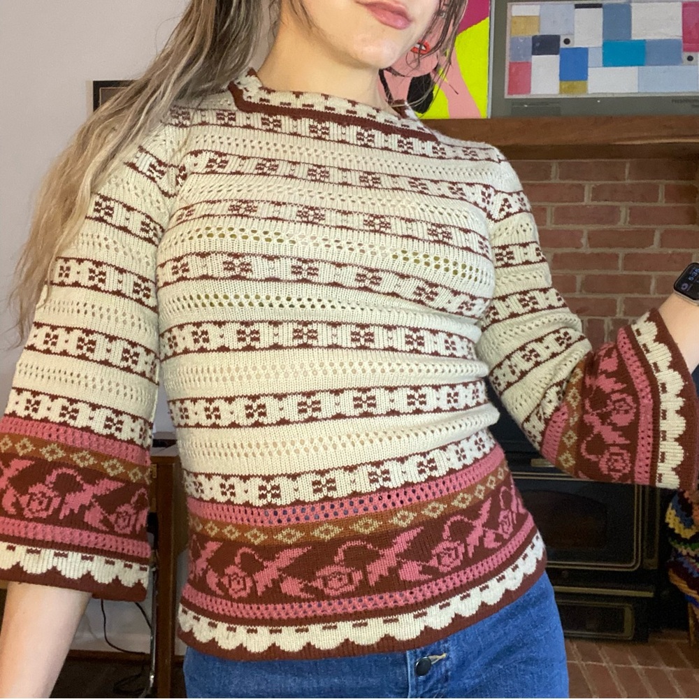 Vintage 70s Currants Jeri-Jo New York Square High Neck Bell 3/4 Sleeve S… - Picture 4 of 15